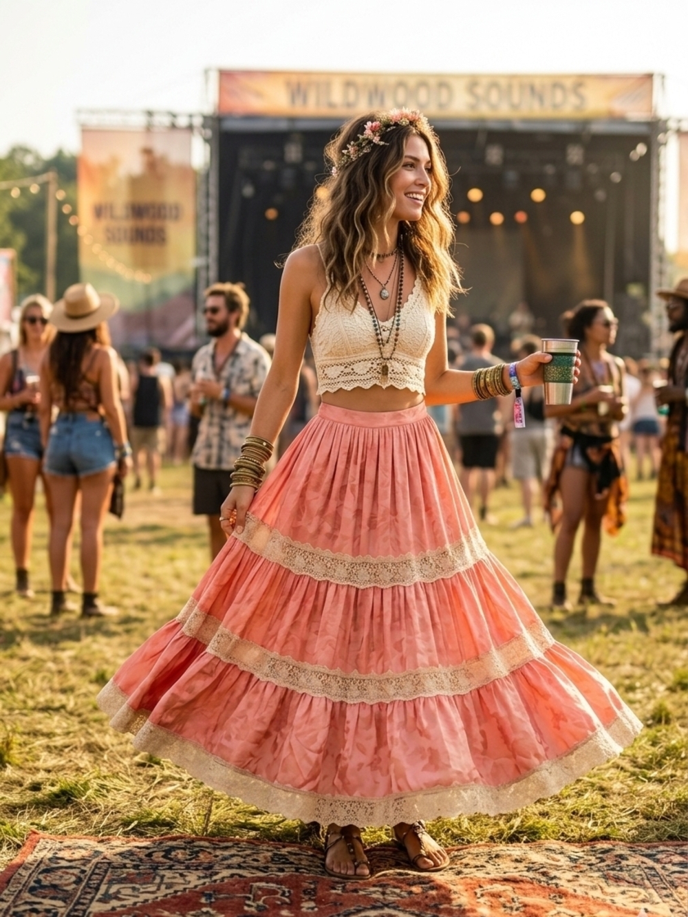 🆕🫰🏼 Spell Ocean Lace Tiered Maxi Skirt In Coral Free People Exclusive
